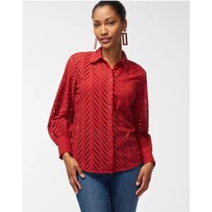 Chico's Poplin Cutwork Shirt Rust Orange Long Sleeve Casual Womens Size 2.5 (14)